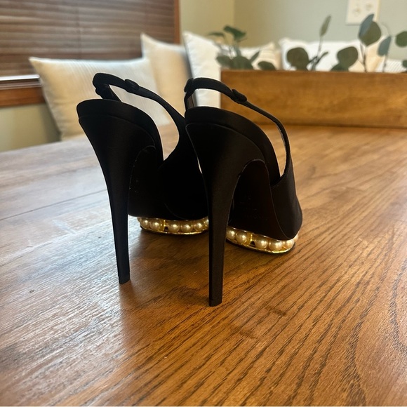 Nicholas Kirkwood Black Satin Peep-Toe Faux Pearl Slingback Sandals Size 37 / 7 - Picture 5 of 14